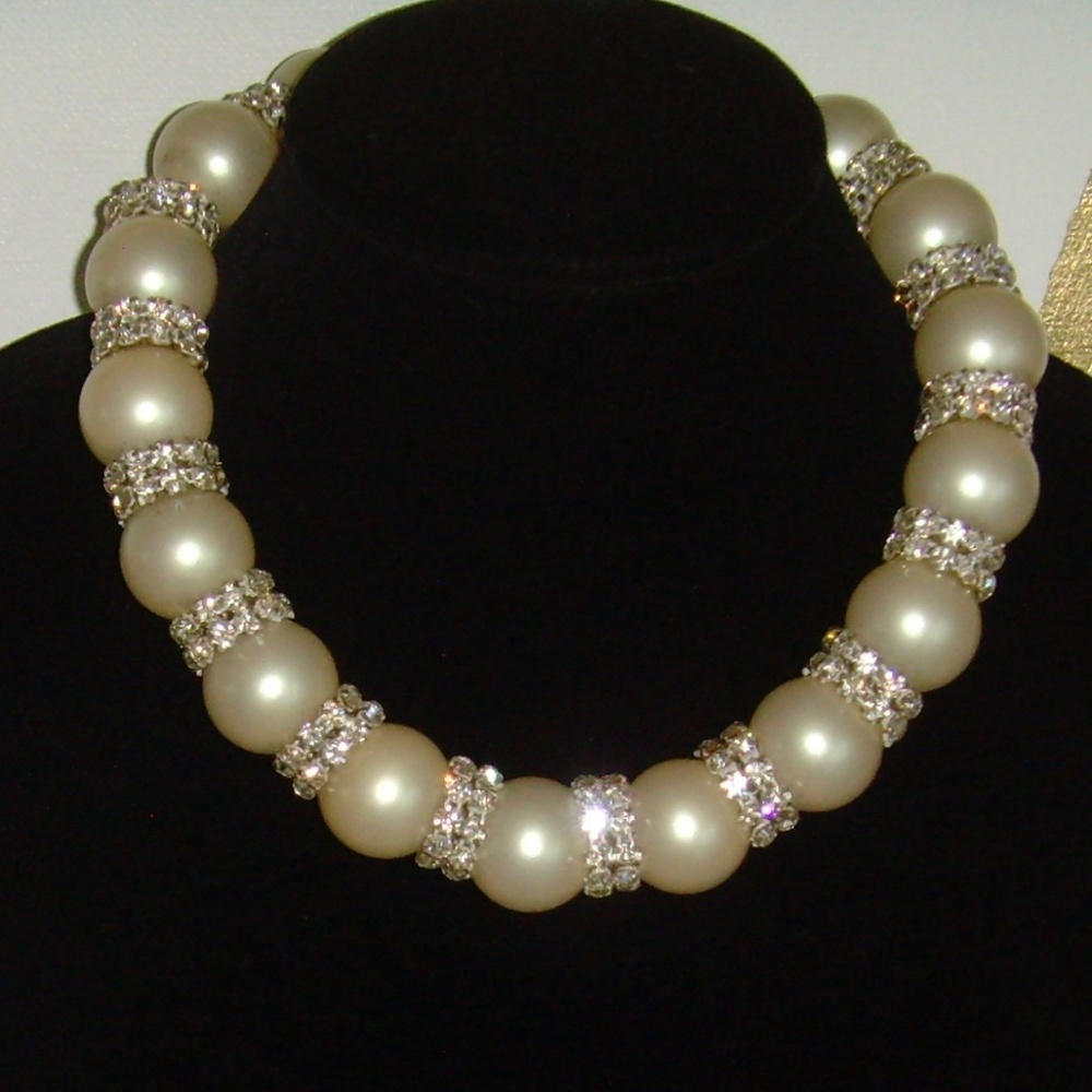Off-White Faux Pearl and Clear Rhinestone Necklace